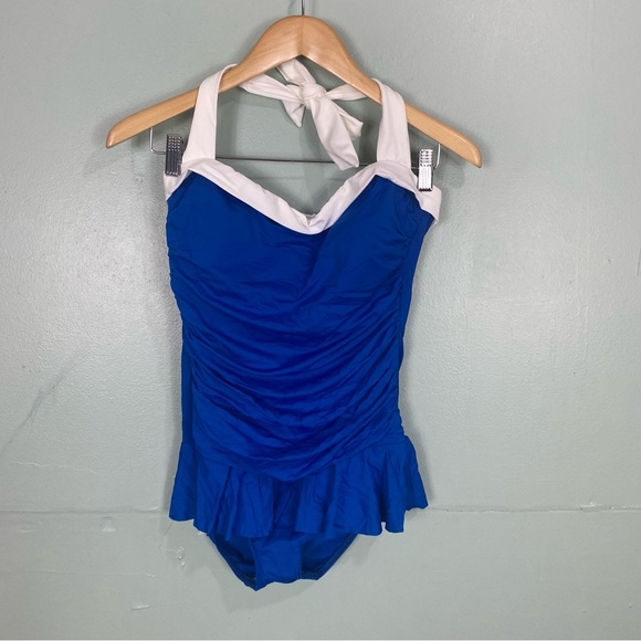 Lauren Ralph Lauren Blue White One Piece Bikini Swimsuit Sz 12‎ - Picture 1 of 4